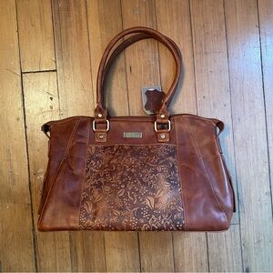 Valenchi Brown Leather Flower Embossed Tote Handbag
